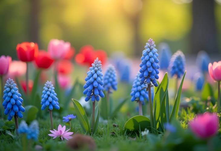 Vibrant Spring Garden with Blue Blossoms